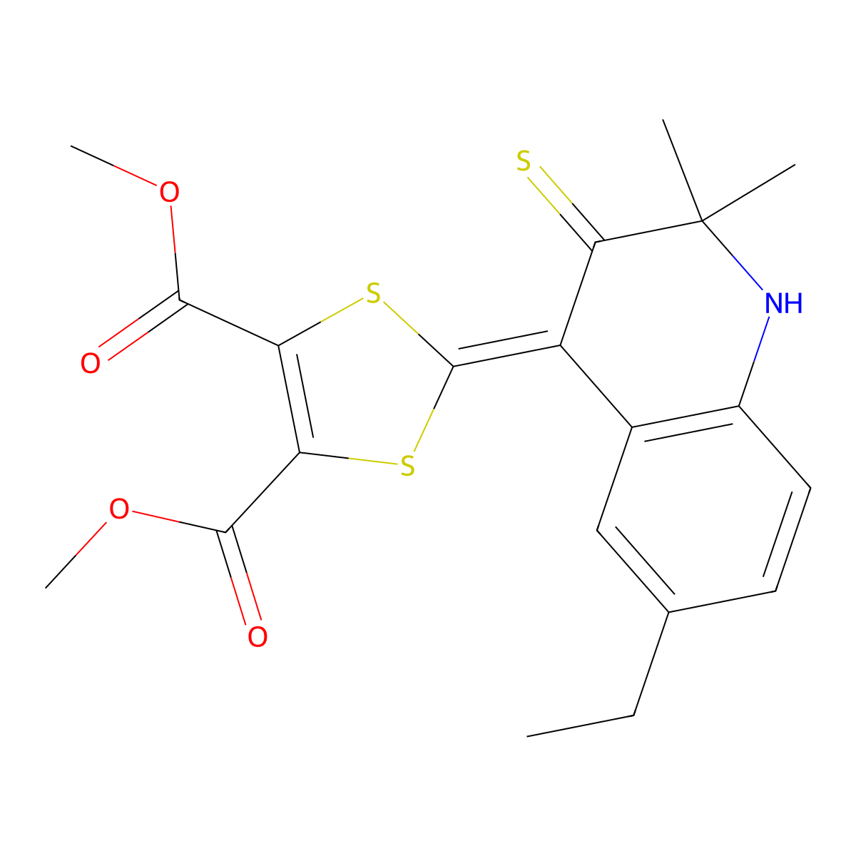 dimethyl 2-(6-ethyl-2,2-dimethyl-3-thioxo-2,3-dihydroquinolin-4(1H)-ylidene)-1,3-dithiole-4,5-dicarboxylate molecular structure, CAS 377062-67-4