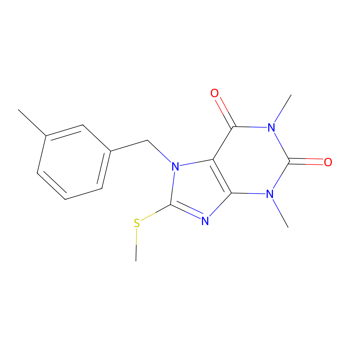 1,3-dimethyl-7-(3-methylbenzyl)-8-(methylthio)-1H-purine-2,6(3H,7H)-dione molecular structure, CAS 377062-86-7