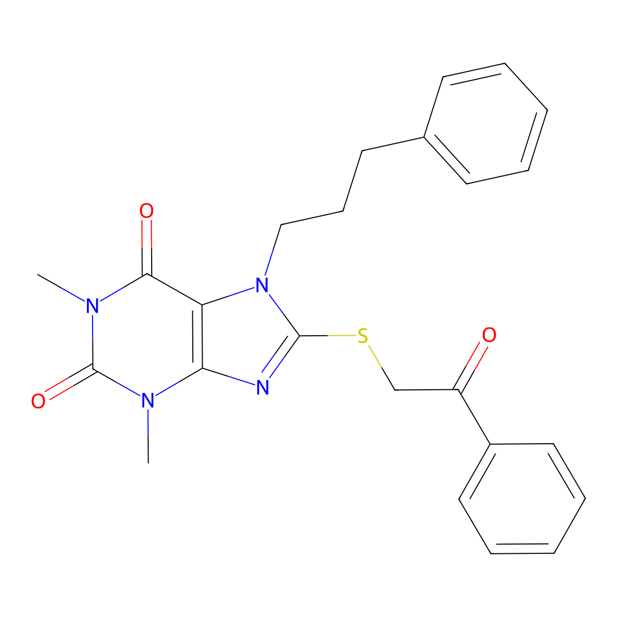 1,3-dimethyl-8-((2-oxo-2-phenylethyl)thio)-7-(3-phenylpropyl)-1H-purine-2,6(3H,7H)-dione molecular structure, CAS 377063-23-5