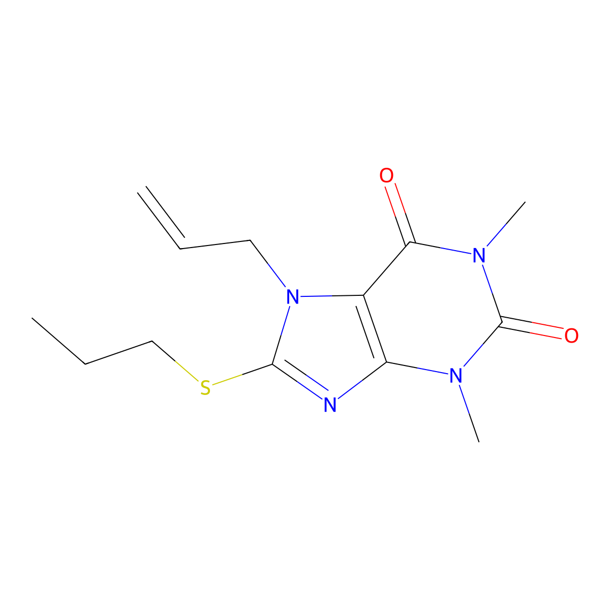 1,3-dimethyl-7-(prop-2-en-1-yl)-8-(propylsulfanyl)-2,3,6,7-tetrahydro-1H-purine-2,6-dione molecular structure, CAS 377063-48-4