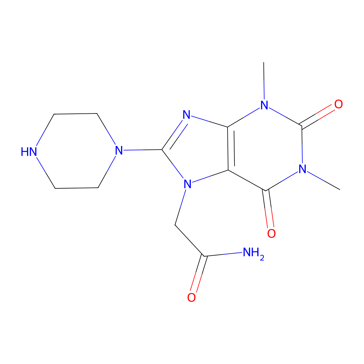 2-(1,3-Dimethyl-2,6-dioxo-8-piperazin-1-ylpurin-7-yl)acetamide molecular structure, CAS 377063-97-3