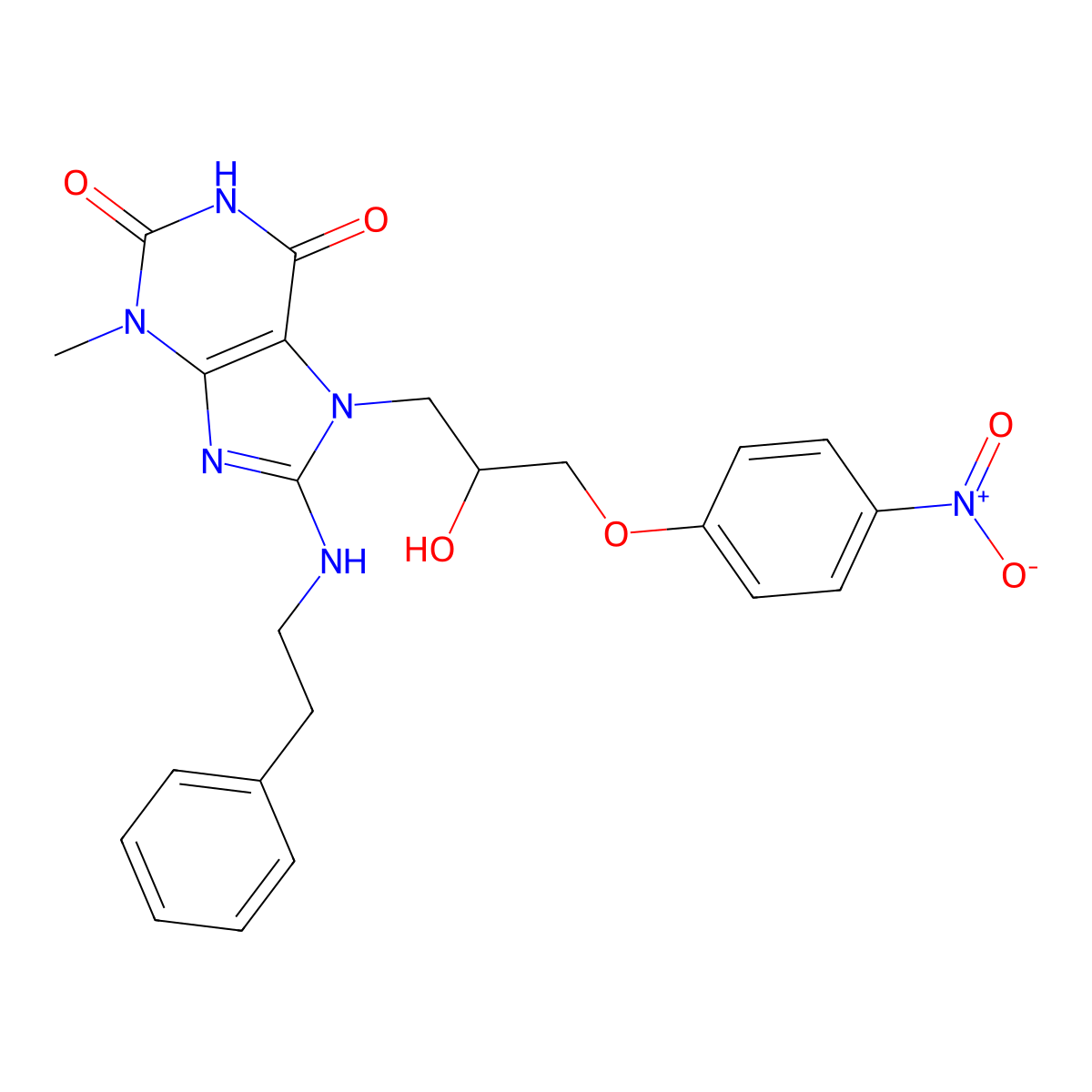 7-(2-hydroxy-3-(4-nitrophenoxy)propyl)-3-methyl-8-(phenethylamino)-1H-purine-2,6(3H,7H)-dione molecular structure, CAS 377064-19-2