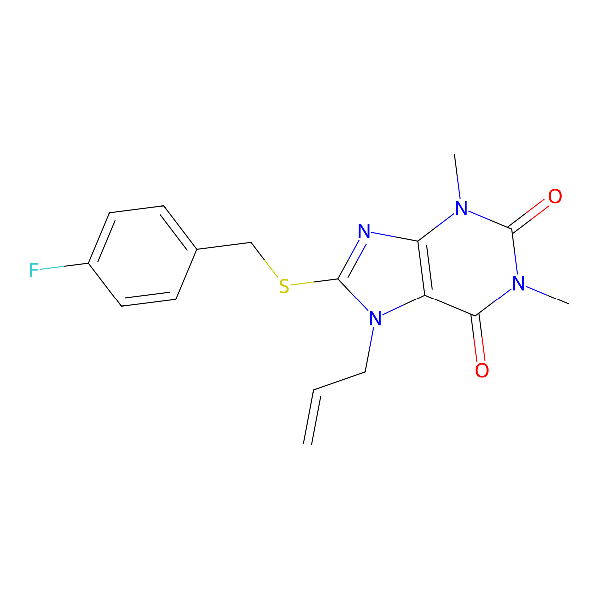 8-{[(4-fluorophenyl)methyl]sulfanyl}-1,3-dimethyl-7-(prop-2-en-1-yl)-2,3,6,7-tetrahydro-1H-purine-2,6-dione molecular structure, CAS 377064-63-6