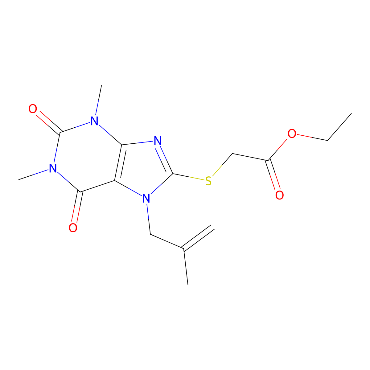 Ethyl 2-[1,3-dimethyl-7-(2-methylprop-2-enyl)-2,6-dioxopurin-8-yl]sulfanylacetate molecular structure, CAS 377064-96-5