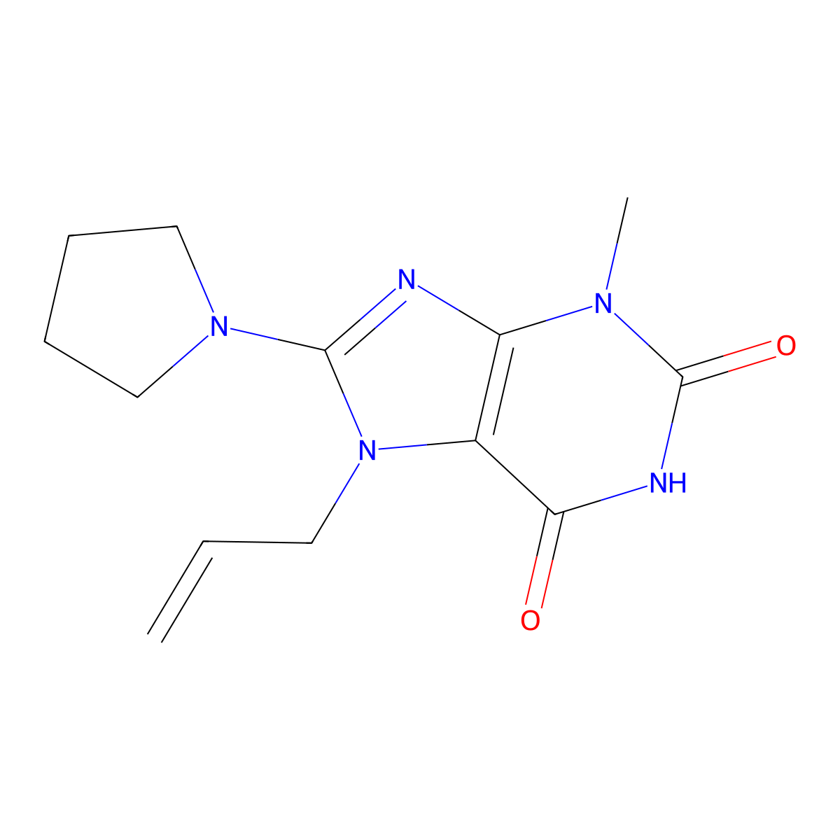 3-Methyl-7-prop-2-enyl-8-pyrrolidin-1-ylpurine-2,6-dione molecular structure, CAS 377065-55-9