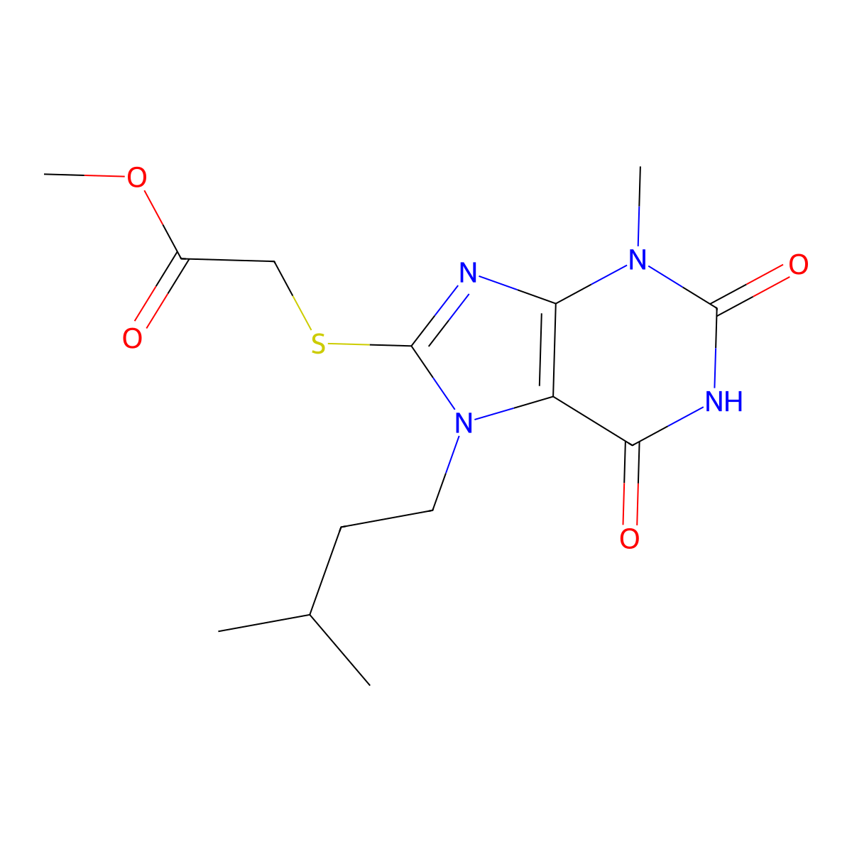 [3-Methyl-7-(3-methyl-butyl)-2,6-dioxo-2,3,6,7-tetrahydro-1H-purin-8-ylsulfanyl]-acetic acid methyl ester molecular structure, CAS 377065-73-1