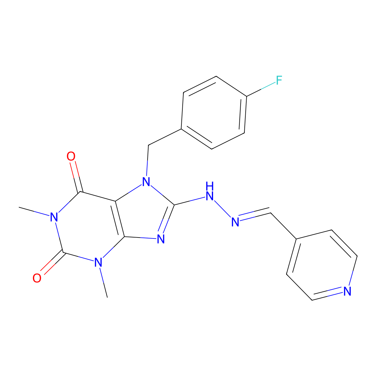 7-[(4-Fluorophenyl)methyl]-1,3-dimethyl-8-[2-(pyridin-4-ylmethylidene)hydrazinyl]purine-2,6-dione molecular structure, CAS 377066-15-4