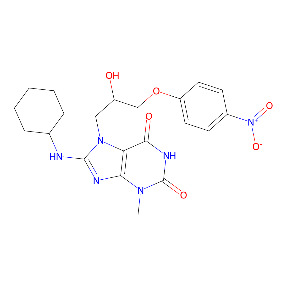 8-(cyclohexylamino)-7-(2-hydroxy-3-(4-nitrophenoxy)propyl)-3-methyl-1H-purine-2,6(3H,7H)-dione molecular structure, CAS 377066-78-9