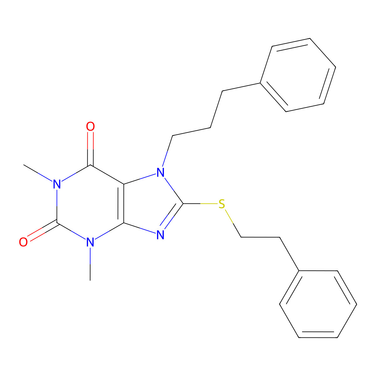1,3-dimethyl-8-[(2-phenylethyl)sulfanyl]-7-(3-phenylpropyl)-3,7-dihydro-1H-purine-2,6-dione molecular structure, CAS 377066-89-2