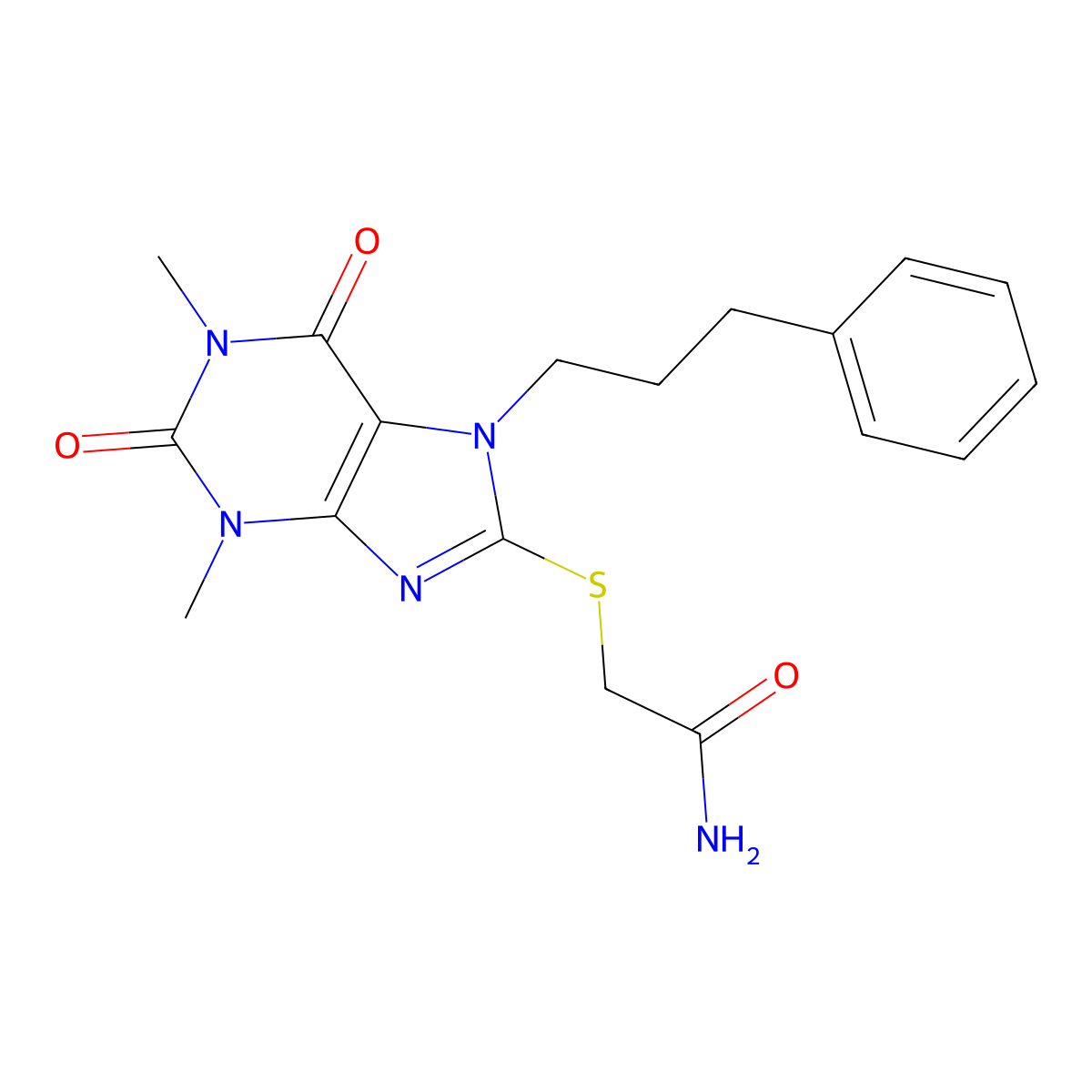 2-{[1,3-dimethyl-2,6-dioxo-7-(3-phenylpropyl)-2,3,6,7-tetrahydro-1H-purin-8-yl]sulfanyl}acetamide molecular structure, CAS 377066-94-9