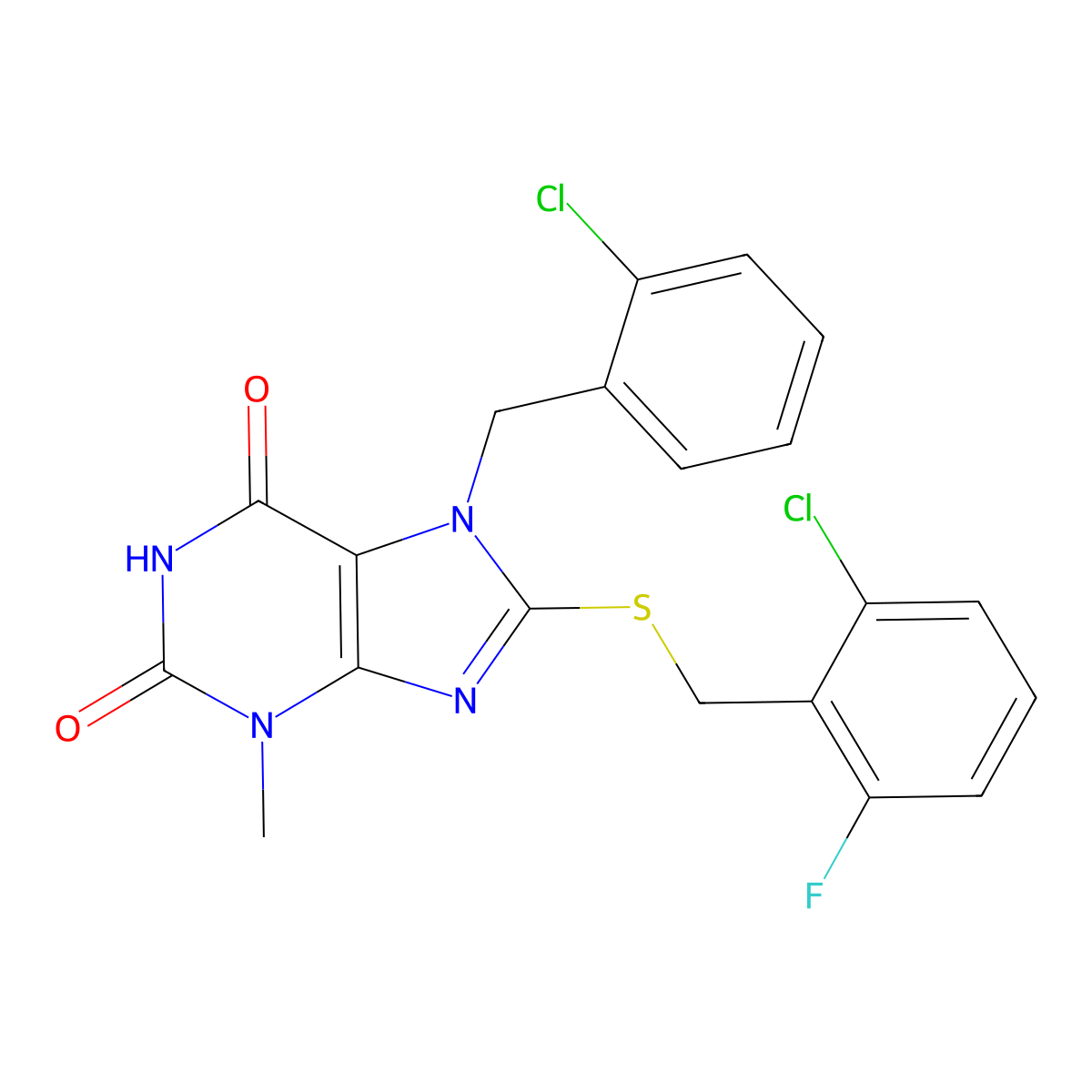 8-[(2-Chloro-6-fluorophenyl)methylsulfanyl]-7-[(2-chlorophenyl)methyl]-3-methylpurine-2,6-dione molecular structure, CAS 377067-95-3