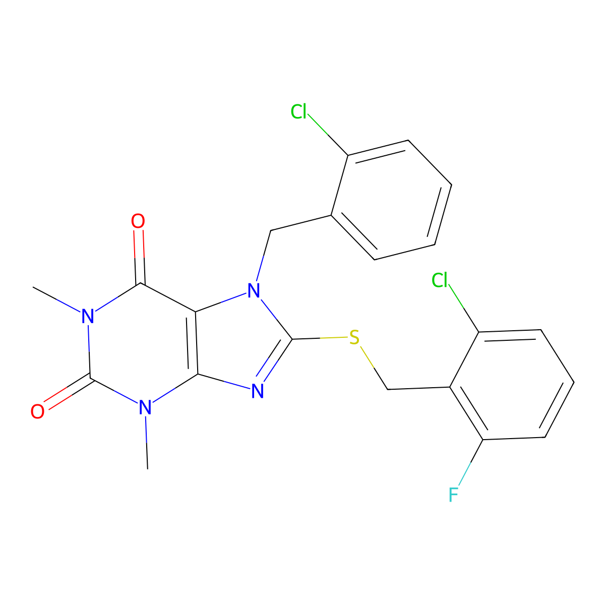 7-(2-chlorobenzyl)-8-[(2-chloro-6-fluorobenzyl)sulfanyl]-1,3-dimethyl-3,7-dihydro-1H-purine-2,6-dione molecular structure, CAS 377068-58-1