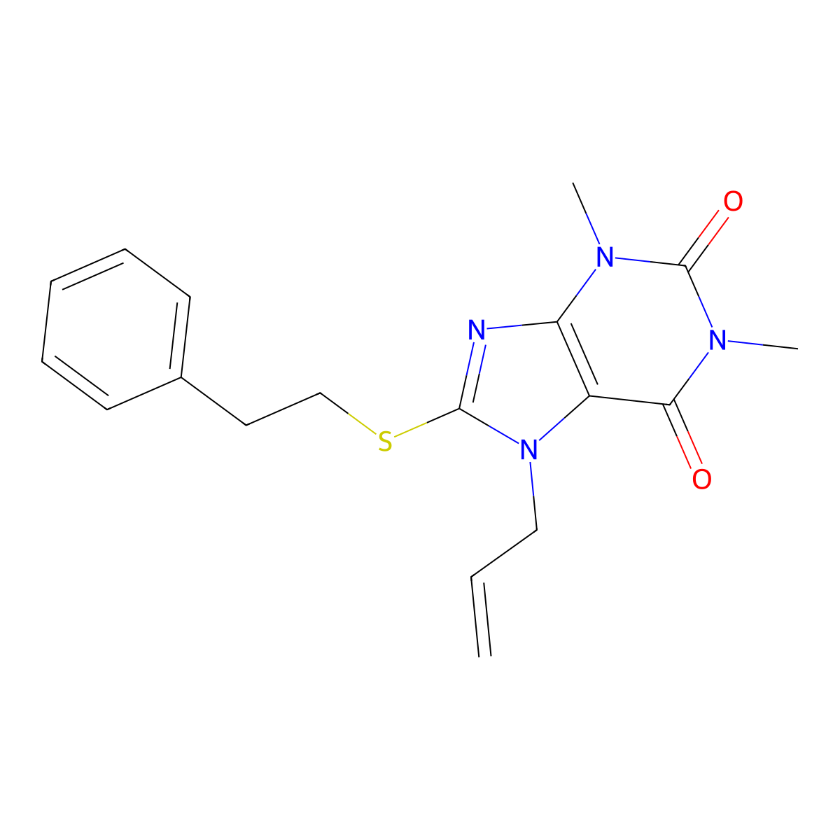 1,3-dimethyl-8-[(2-phenylethyl)sulfanyl]-7-(prop-2-en-1-yl)-3,7-dihydro-1H-purine-2,6-dione molecular structure, CAS 377069-05-1