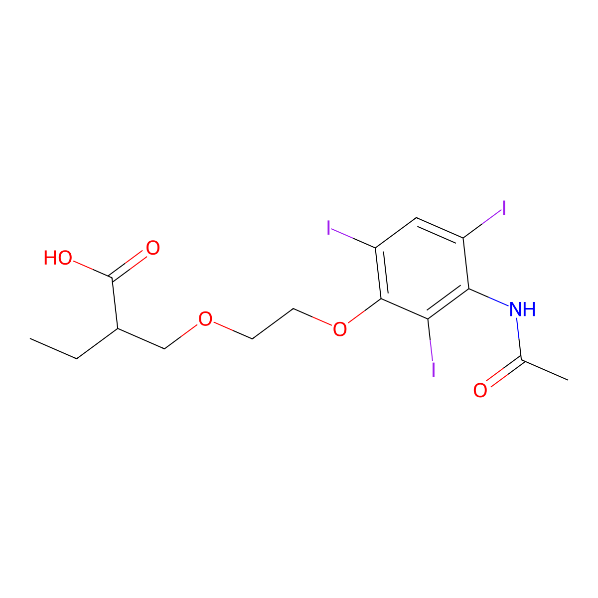 2-((2-(3-(Acetylamino)-2,4,6-triiodophenoxy)ethoxy)methyl)butanoic acid molecular structure, CAS 37723-78-7