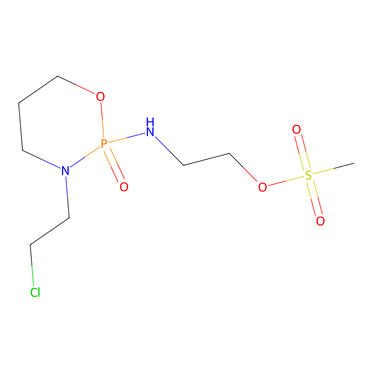 Ethanol, 2-((3-(2-chloroethyl)tetrahydro-2-oxido-2H-1,3,2-oxazaphosphorin-2-yl)amino)-, 1-methanesulfonate molecular structure, CAS 37753-10-9