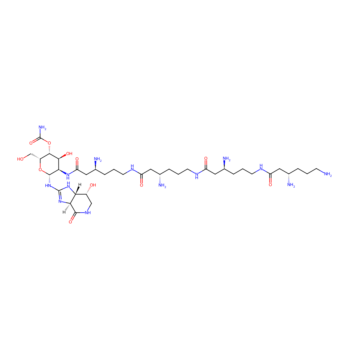 (3aS,7R,7aS)-2-((2-(((3S)-3-Amino-6-(((3S)-3-amino-6-(((3S)-3-amino-6-(((3S)-3,6-diamino-1-oxohexyl)amino)-1-oxohexyl)amino)-1-oxohexyl)amino)-1-oxohexyl)amino)-4-O-(aminocarbonyl)-2-deoxy-beta-D-gulopyranosyl)amino)-1,3a,5,6,7,7a-hexahydro-7-hydroxy-4H-imidazo(4,5-c)pyridin-4-one molecular structure, CAS 3776-36-1