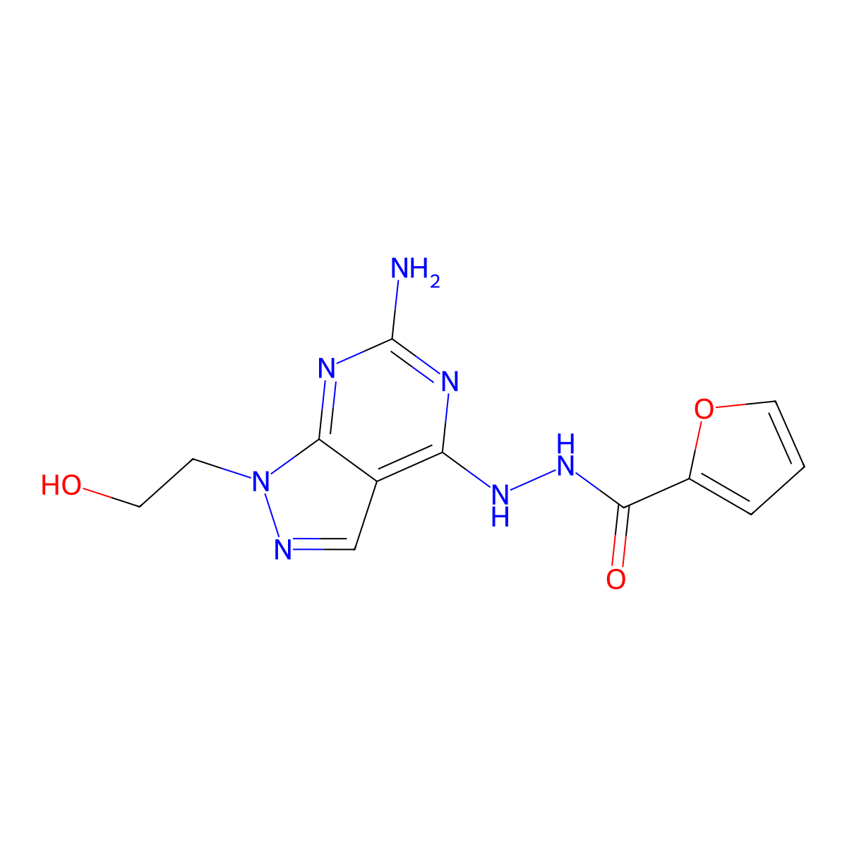 N'-(6-amino-1-(2-hydroxyethyl)-1H-pyrazolo[3,4-d]pyrimidin-4-yl)furan-2-carbohydrazide molecular structure, CAS 377729-86-7