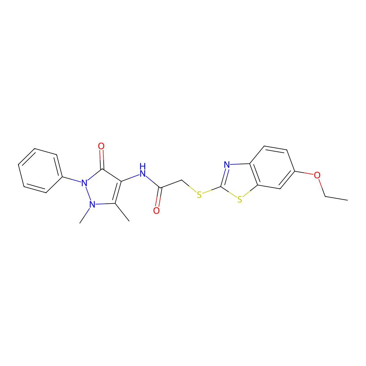 N-(1,5-dimethyl-3-oxo-2-phenylpyrazol-4-yl)-2-[(6-ethoxy-1,3-benzothiazol-2-yl)sulfanyl]acetamide molecular structure, CAS 377757-89-6