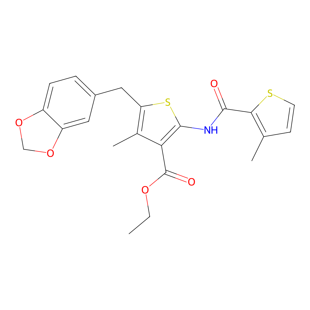 Ethyl 5-(1,3-benzodioxol-5-ylmethyl)-4-methyl-2-[(3-methylthiophene-2-carbonyl)amino]thiophene-3-carboxylate molecular structure, CAS 377764-55-1