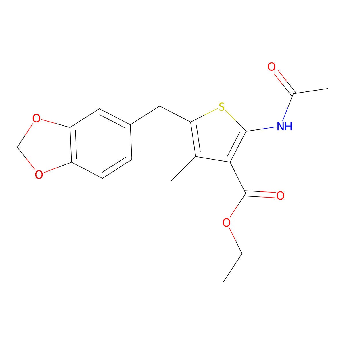 Ethyl 2-acetamido-5-(benzo[d][1,3]dioxol-5-ylmethyl)-4-methylthiophene-3-carboxylate molecular structure, CAS 377764-57-3