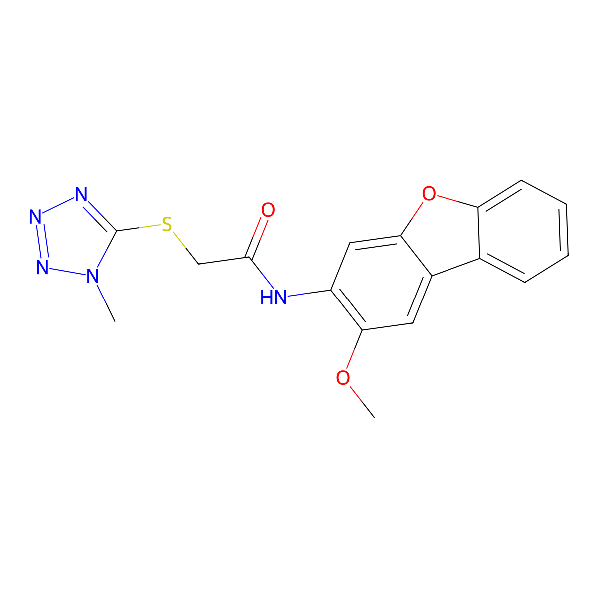 N-(2-methoxydibenzofuran-3-yl)-2-(1-methyltetrazol-5-yl)sulfanylacetamide molecular structure, CAS 377764-73-3