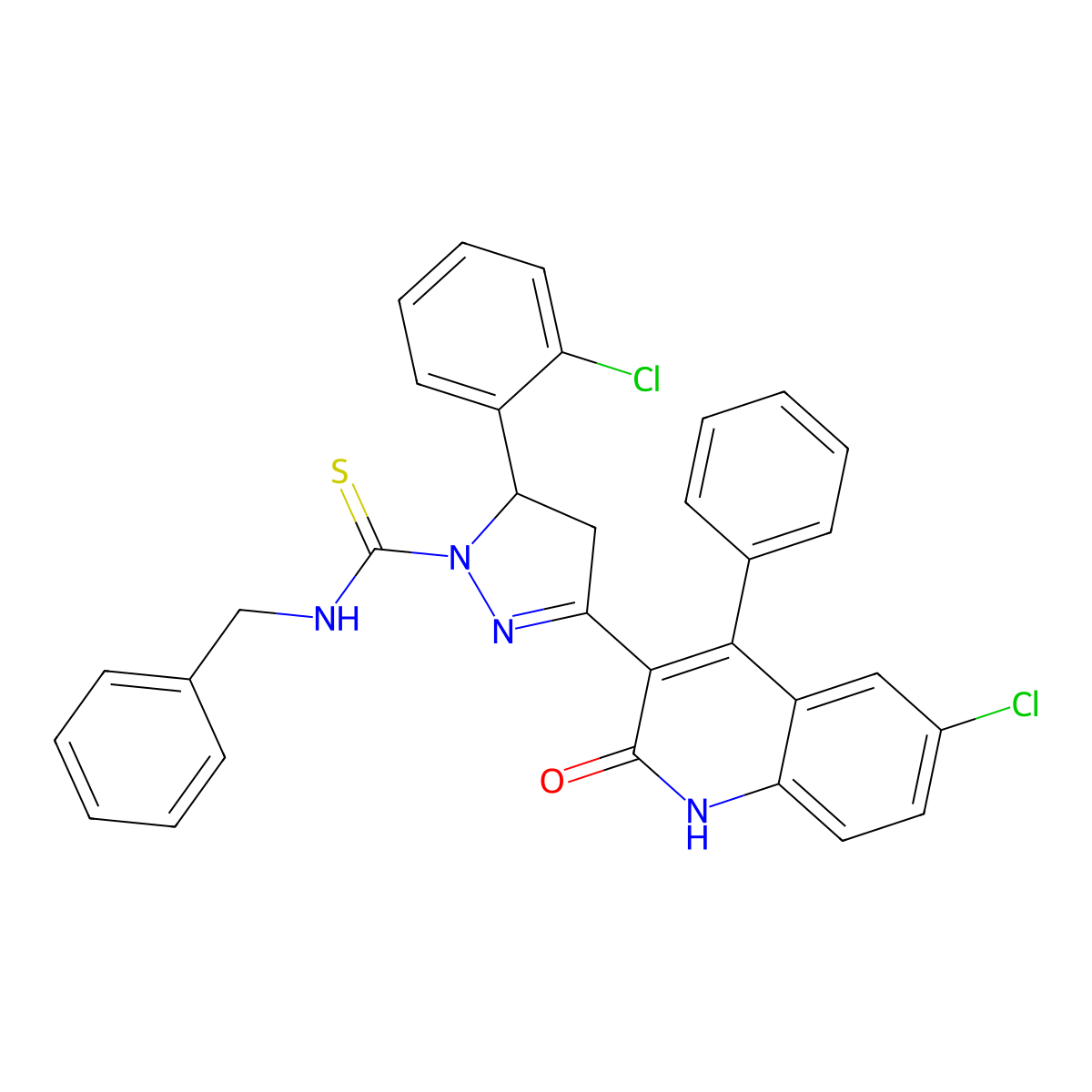N-benzyl-3-(6-chloro-2-hydroxy-4-phenylquinolin-3-yl)-5-(2-chlorophenyl)-4,5-dihydro-1H-pyrazole-1-carbothioamide molecular structure, CAS 377764-96-0
