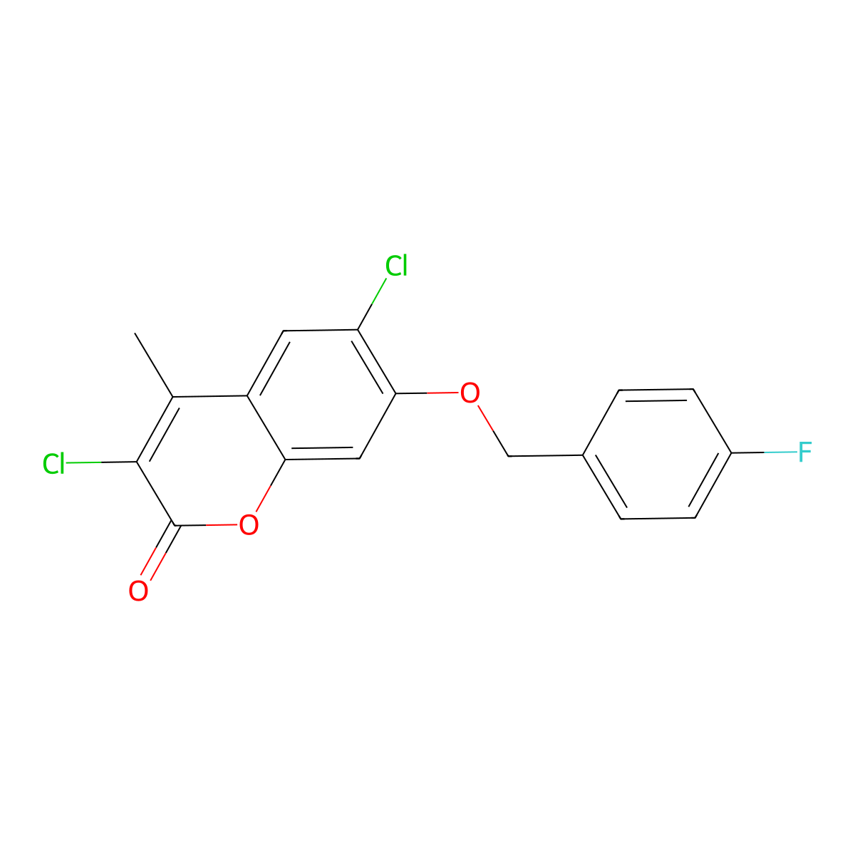 3,6-Dichloro-7-[(4-fluorophenyl)methoxy]-4-methylchromen-2-one molecular structure, CAS 377765-47-4