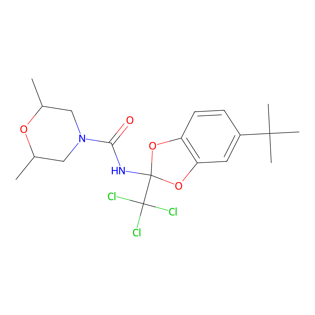 N-(5-(tert-butyl)-2-(trichloromethyl)benzo[d][1,3]dioxol-2-yl)-2,6-dimethylmorpholine-4-carboxamide molecular structure, CAS 377767-32-3