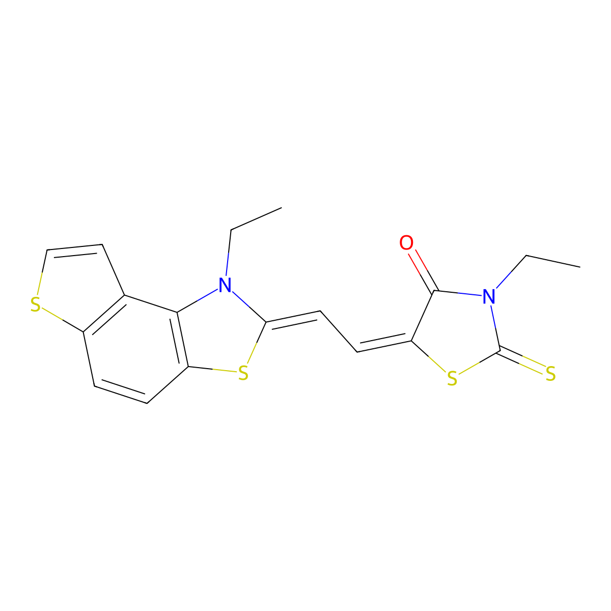 4-Thiazolidinone, 3-ethyl-5-[2-(1-ethylthieno[3,2-e]benzothiazol-2(1H)-ylidene)ethylidene]-2-thioxo- molecular structure, CAS 37780-75-9