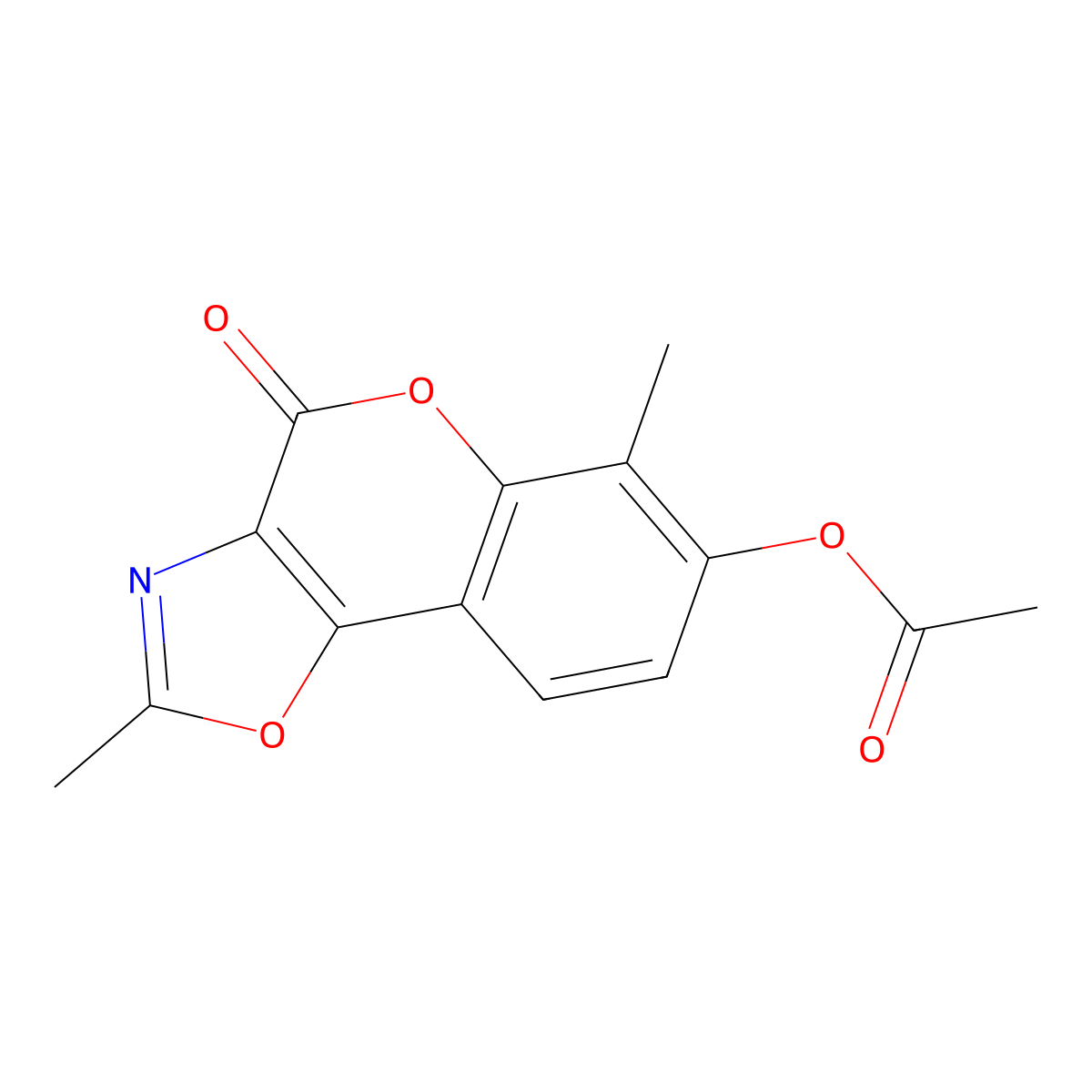 Acetic acid 2,6-dimethyl-4-oxo-4H-chromeno(3,4-d)oxazol-7-yl ester molecular structure, CAS 3780-30-1