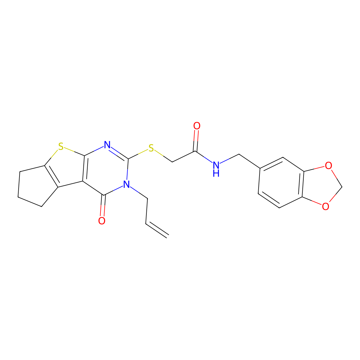 2-((3-allyl-4-oxo-4,5,6,7-tetrahydro-3H-cyclopenta[4,5]thieno[2,3-d]pyrimidin-2-yl)thio)-N-(benzo[d][1,3]dioxol-5-ylmethyl)acetamide molecular structure, CAS 378193-84-1