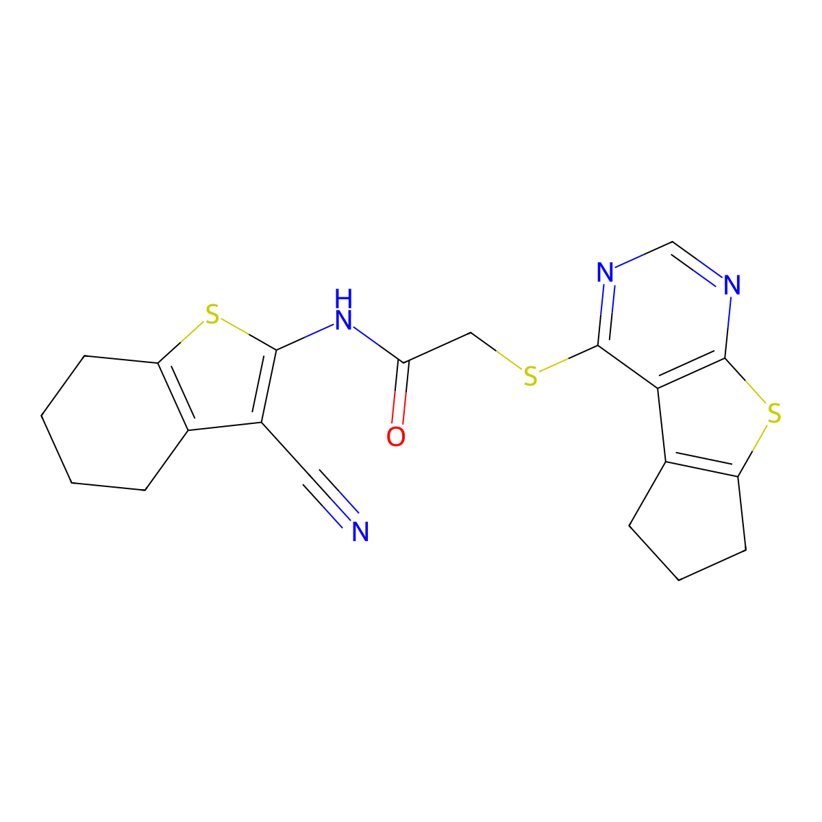 N-(3-cyano-4,5,6,7-tetrahydrobenzo[b]thiophen-2-yl)-2-((6,7-dihydro-5H-cyclopenta[4,5]thieno[2,3-d]pyrimidin-4-yl)thio)acetamide molecular structure, CAS 378193-90-9