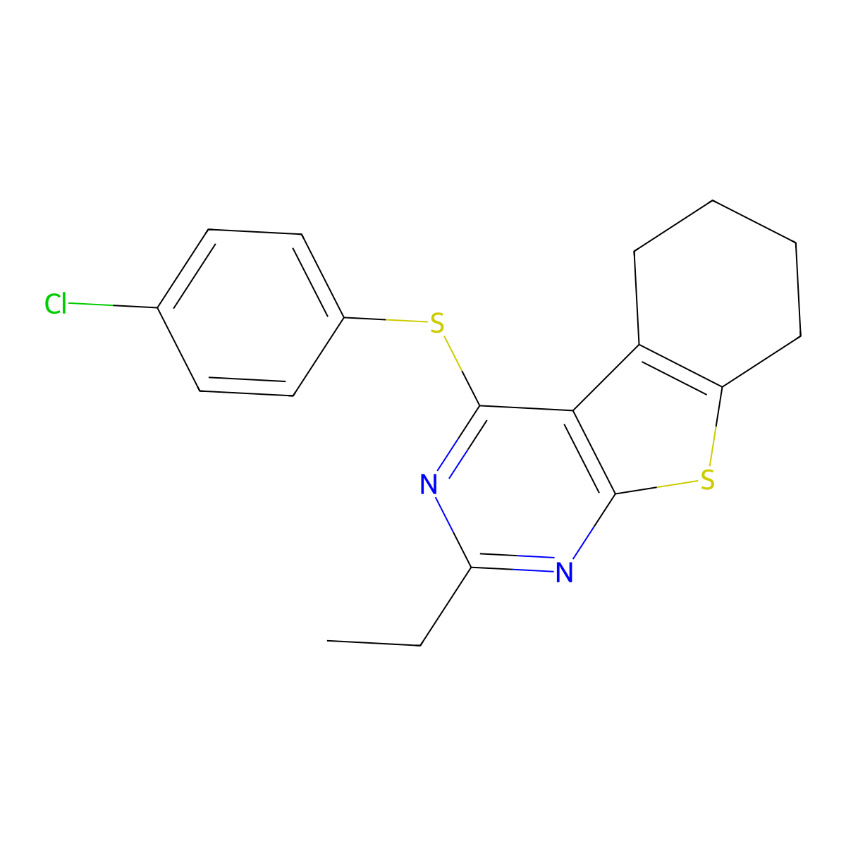 4-(4-Chlorophenyl)sulfanyl-2-ethyl-5,6,7,8-tetrahydro-[1]benzothiolo[2,3-d]pyrimidine molecular structure, CAS 378197-01-4