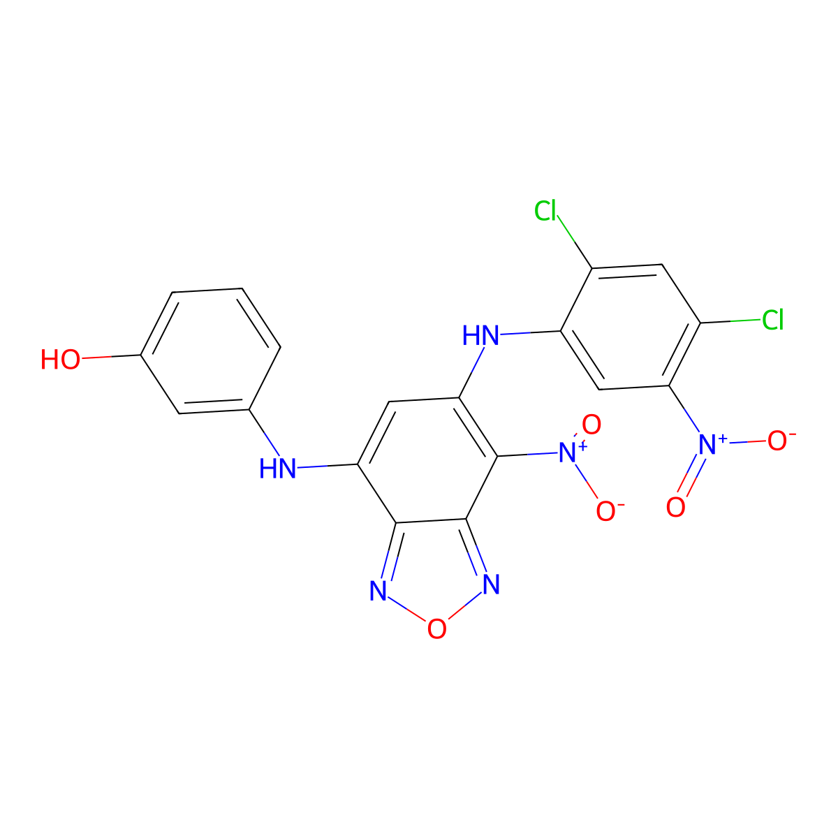 3-[[5-(2,4-Dichloro-5-nitroanilino)-4-nitro-2,1,3-benzoxadiazol-7-yl]amino]phenol molecular structure, CAS 378198-43-7