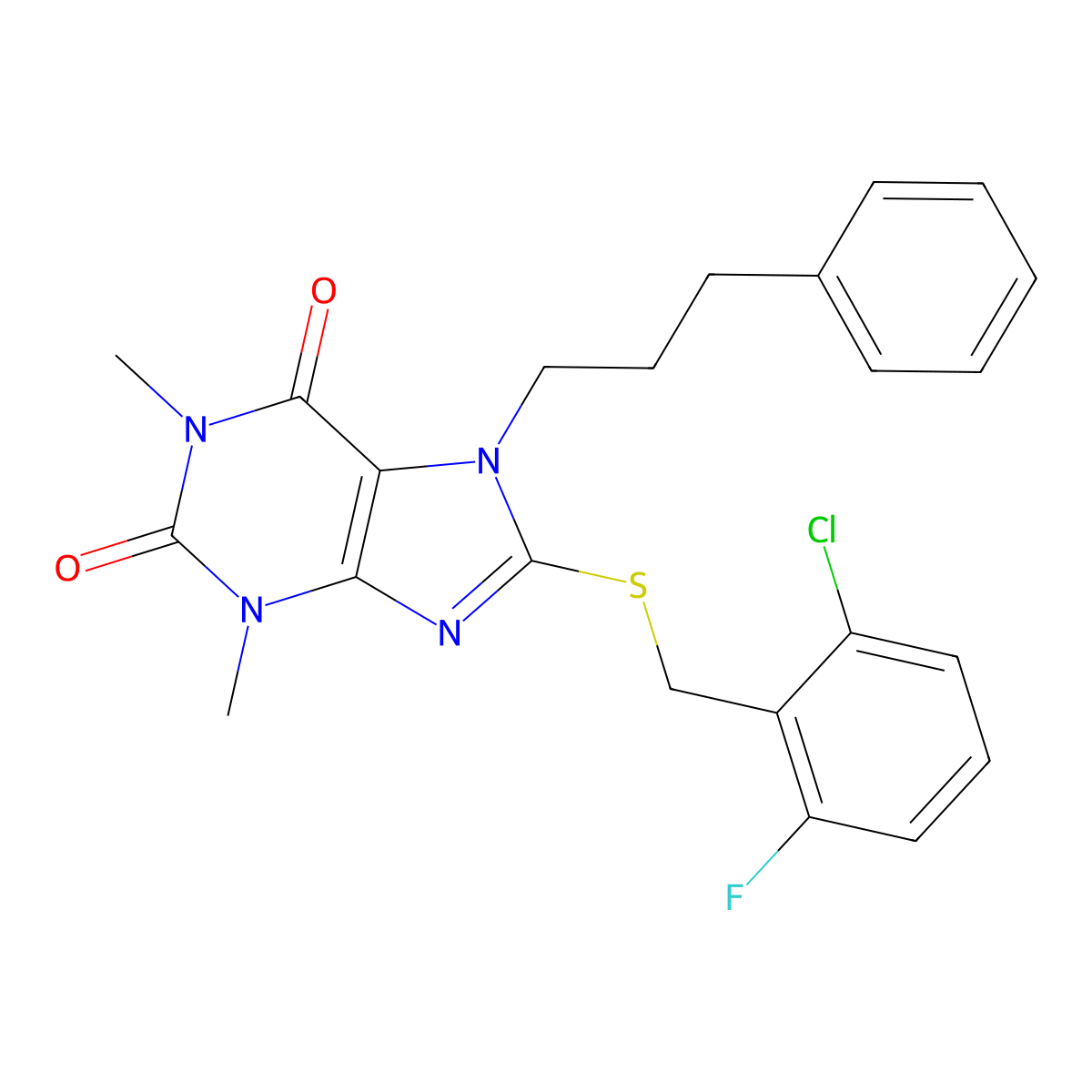 8-[(2-Chloro-6-fluorophenyl)methylsulfanyl]-1,3-dimethyl-7-(3-phenylpropyl)purine-2,6-dione molecular structure, CAS 378198-44-8