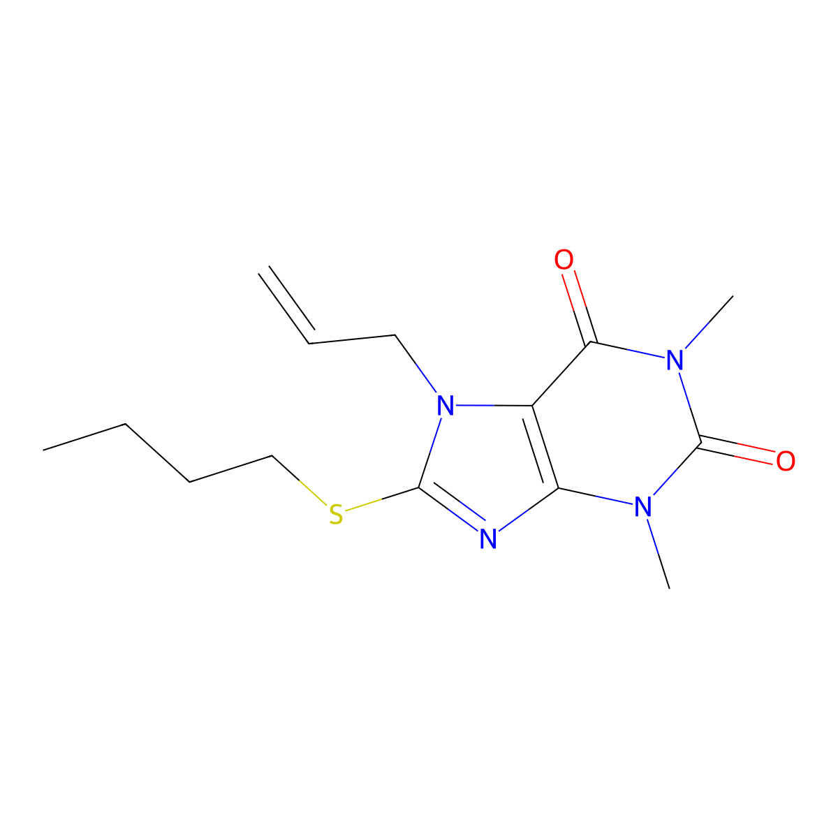 8-Butylsulfanyl-1,3-dimethyl-7-prop-2-enylpurine-2,6-dione molecular structure, CAS 378198-59-5