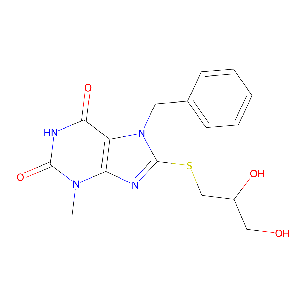 7-benzyl-8-((2,3-dihydroxypropyl)thio)-3-methyl-1H-purine-2,6(3H,7H)-dione molecular structure, CAS 378198-70-0