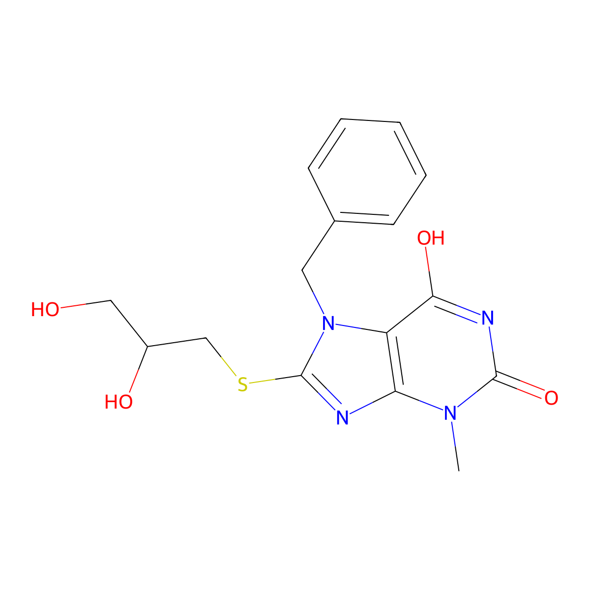 7-benzyl-8-((2,3-dihydroxypropyl)thio)-3-methyl-1H-purine-2,6(3H,7H)-dione molecular structure, CAS 378198-70-0