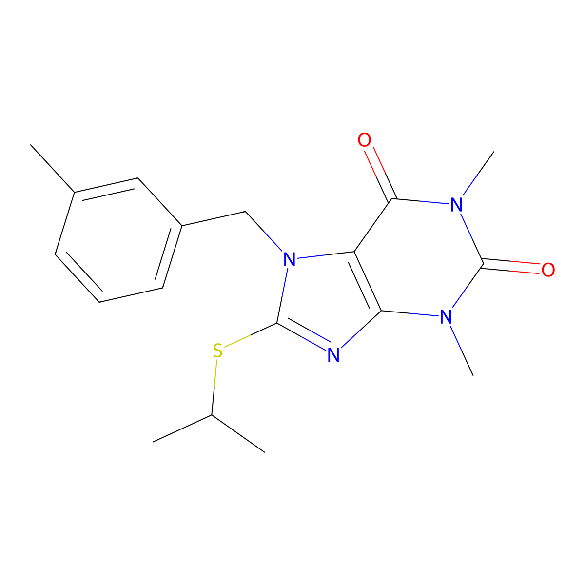 8-(isopropylthio)-1,3-dimethyl-7-(3-methylbenzyl)-1H-purine-2,6(3H,7H)-dione molecular structure, CAS 378198-72-2