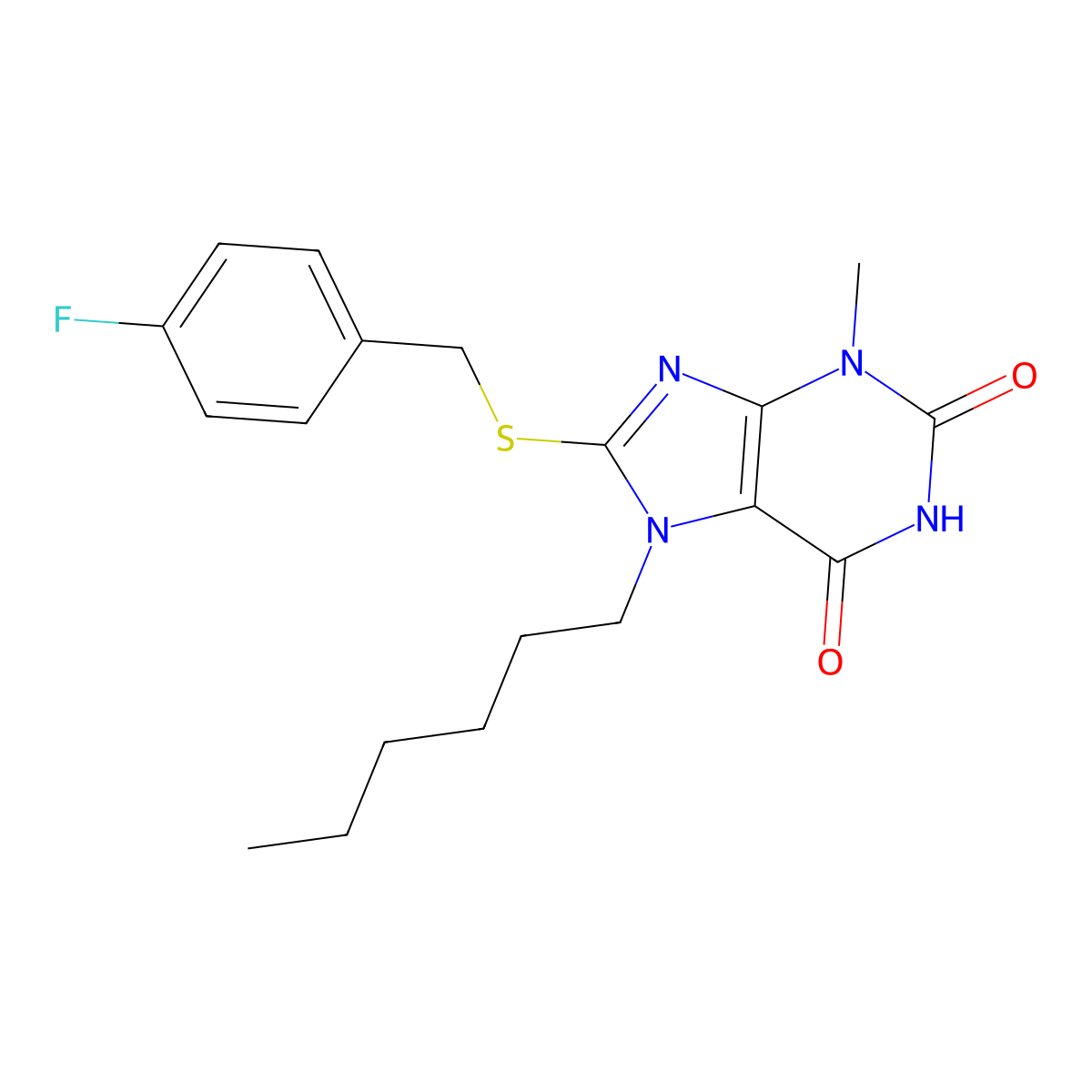 8-[(4-Fluorophenyl)methylsulfanyl]-7-hexyl-3-methylpurine-2,6-dione molecular structure, CAS 378199-10-1