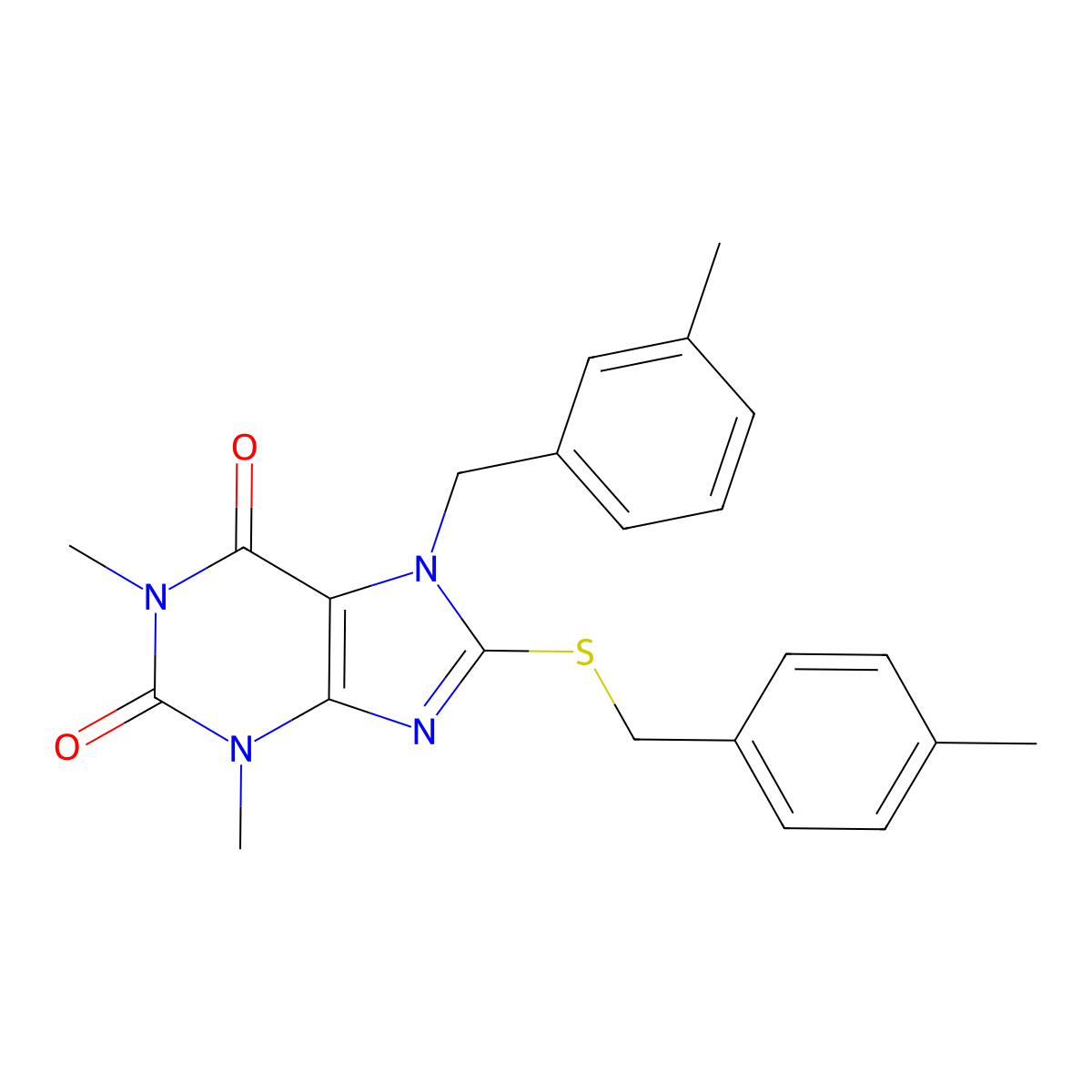 1,3-dimethyl-7-(3-methylbenzyl)-8-((4-methylbenzyl)thio)-1H-purine-2,6(3H,7H)-dione molecular structure, CAS 378199-26-9