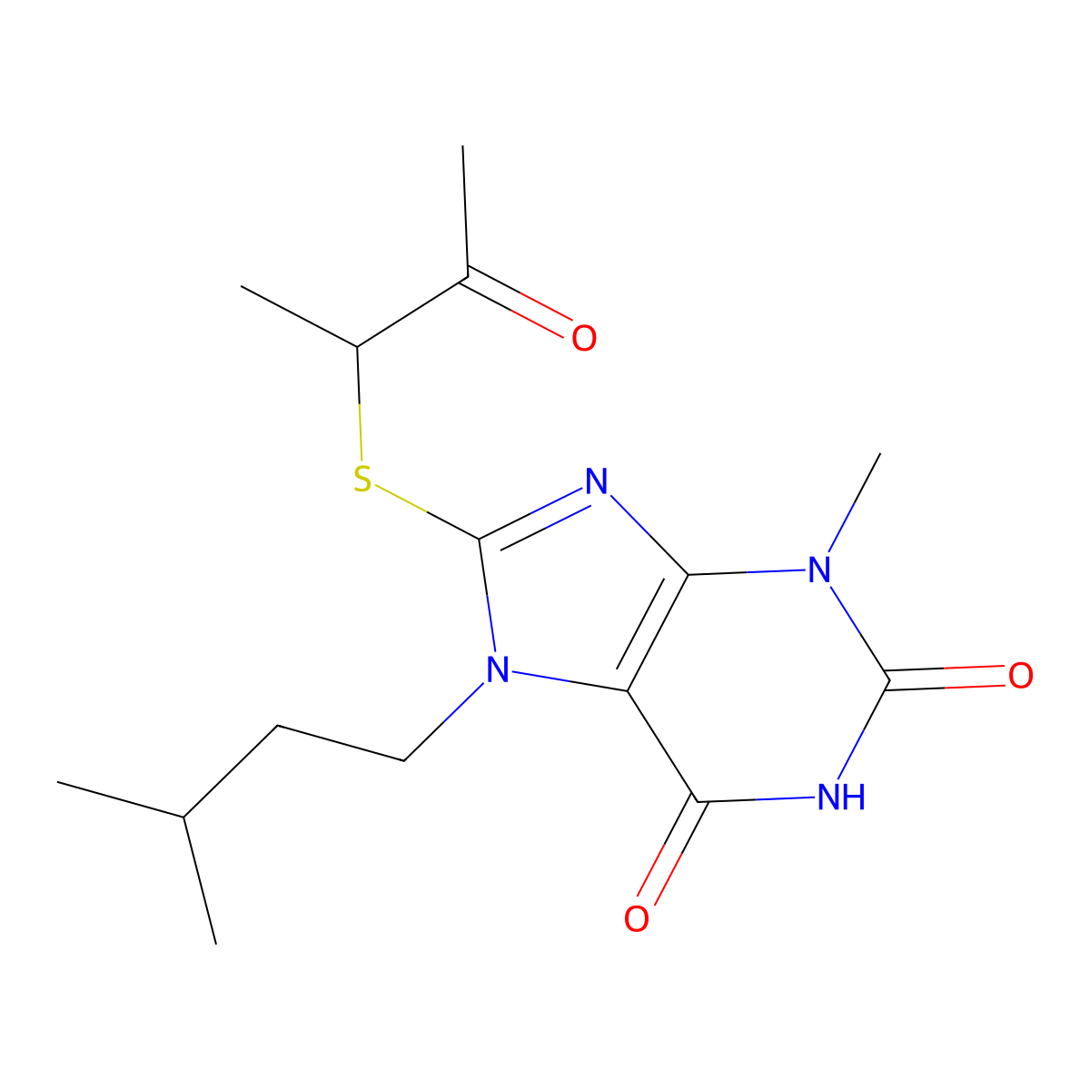 7-isopentyl-3-methyl-8-((3-oxobutan-2-yl)thio)-1H-purine-2,6(3H,7H)-dione molecular structure, CAS 378199-88-3