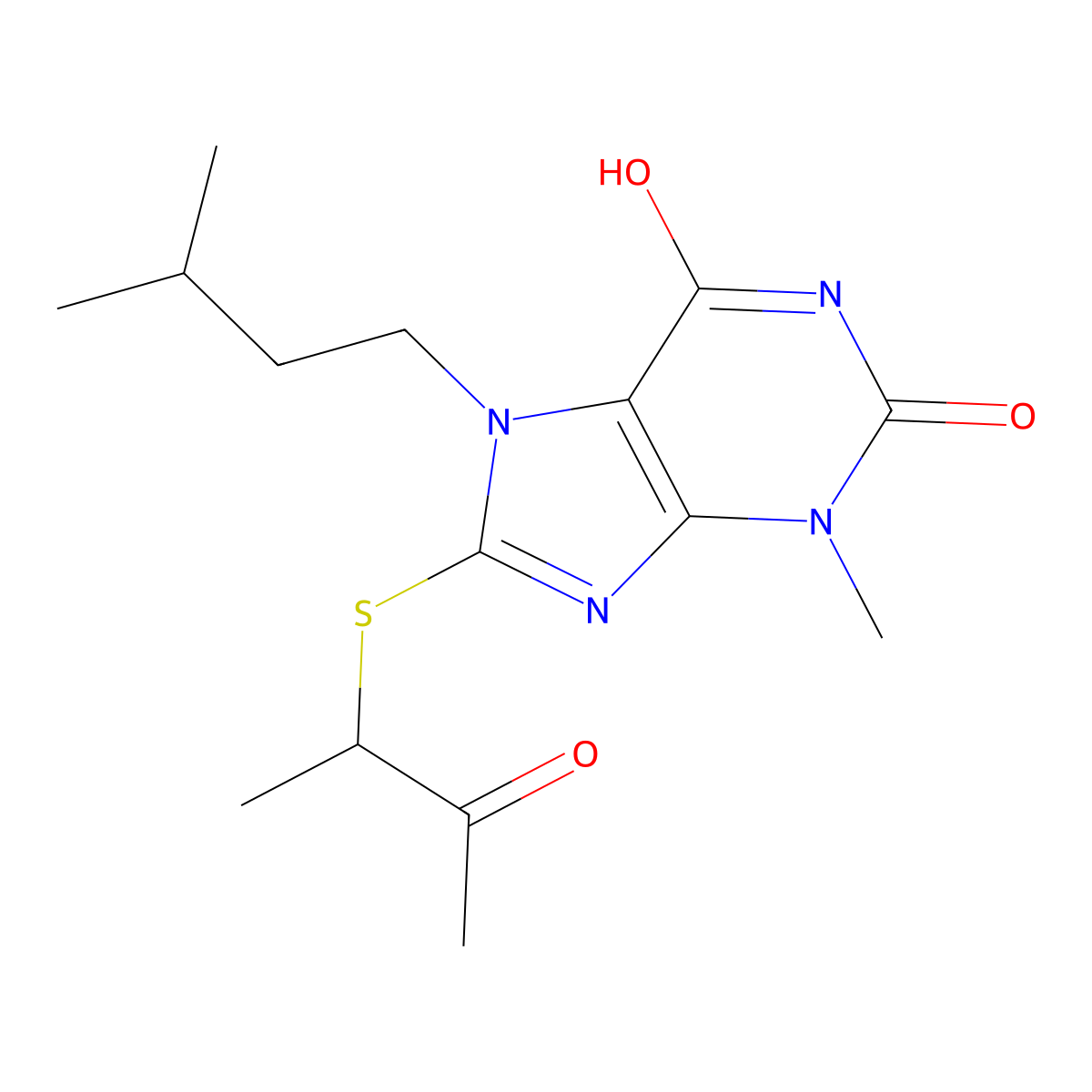 7-isopentyl-3-methyl-8-((3-oxobutan-2-yl)thio)-1H-purine-2,6(3H,7H)-dione molecular structure, CAS 378199-88-3
