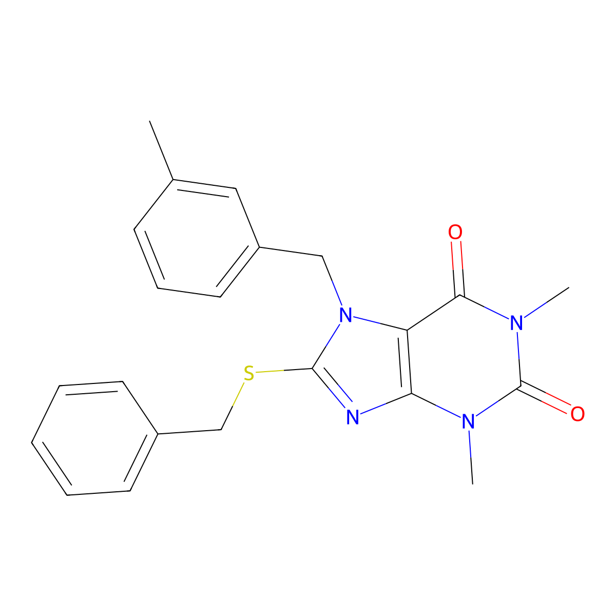 8-(benzylthio)-1,3-dimethyl-7-(3-methylbenzyl)-1H-purine-2,6(3H,7H)-dione molecular structure, CAS 378200-30-7