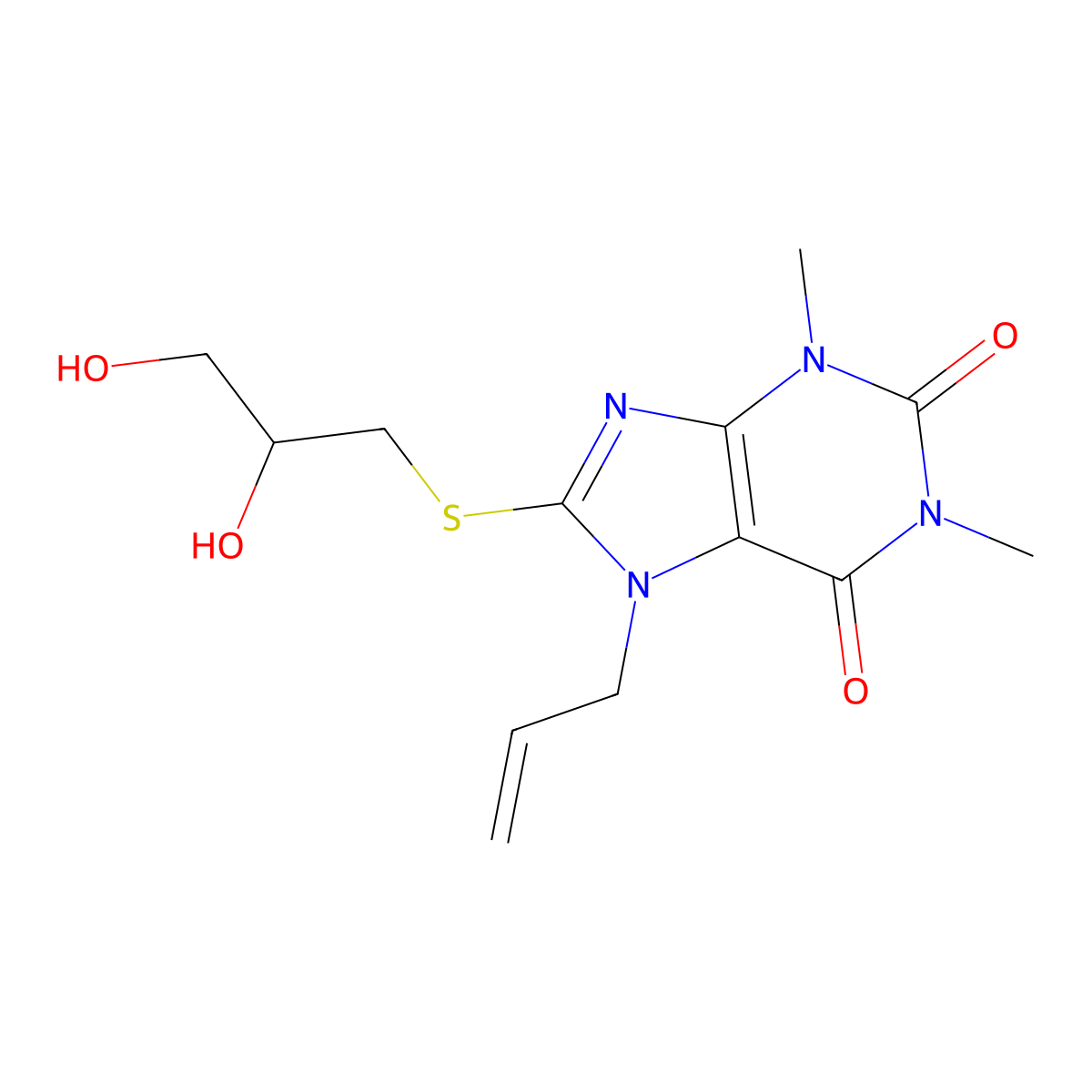 8-(2,3-Dihydroxypropylsulfanyl)-1,3-dimethyl-7-prop-2-enylpurine-2,6-dione molecular structure, CAS 378201-02-6