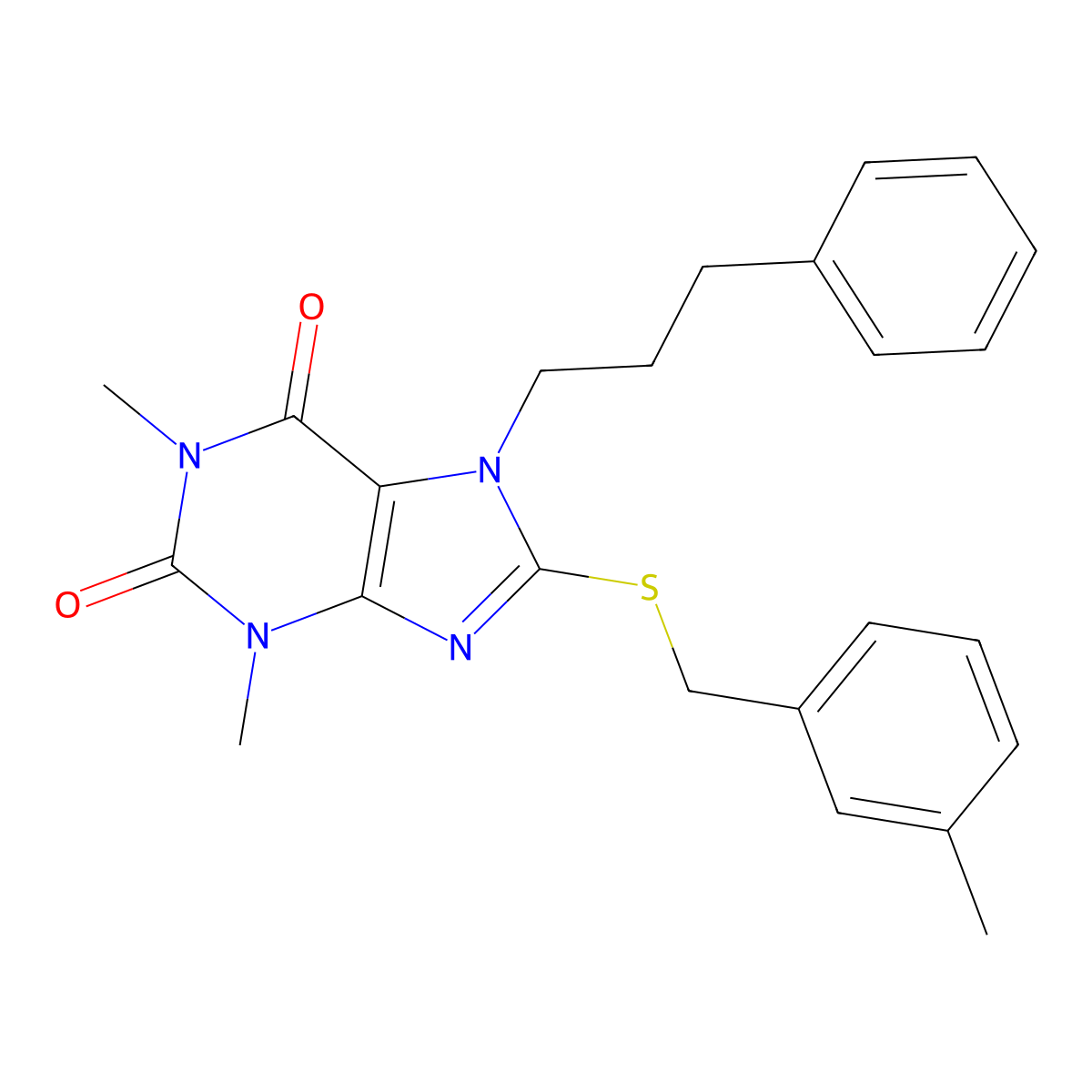 1,3-Dimethyl-8-[(3-methylphenyl)methylsulfanyl]-7-(3-phenylpropyl)purine-2,6-dione molecular structure, CAS 378202-31-4