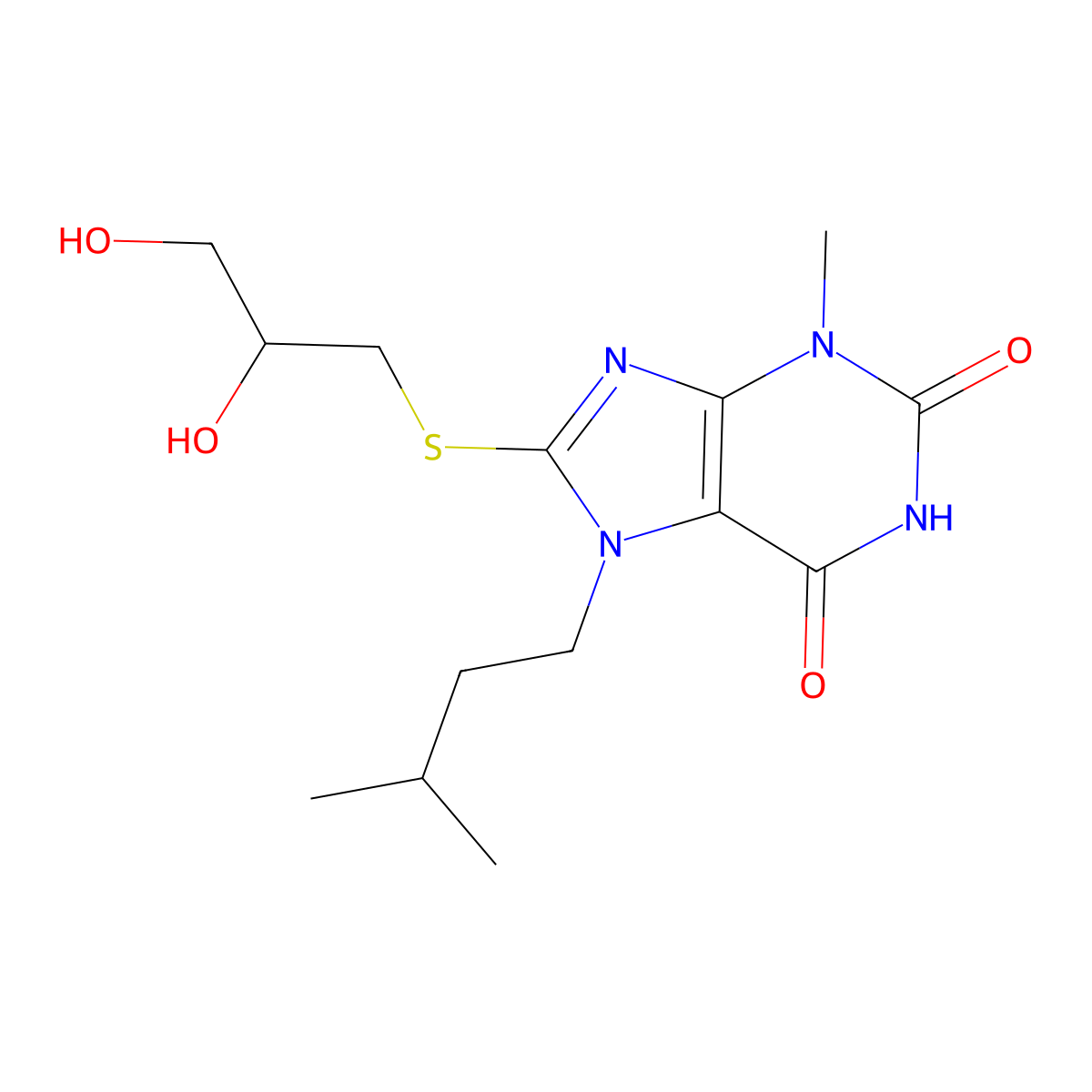 8-((2,3-dihydroxypropyl)thio)-7-isopentyl-3-methyl-1H-purine-2,6(3H,7H)-dione molecular structure, CAS 378202-67-6