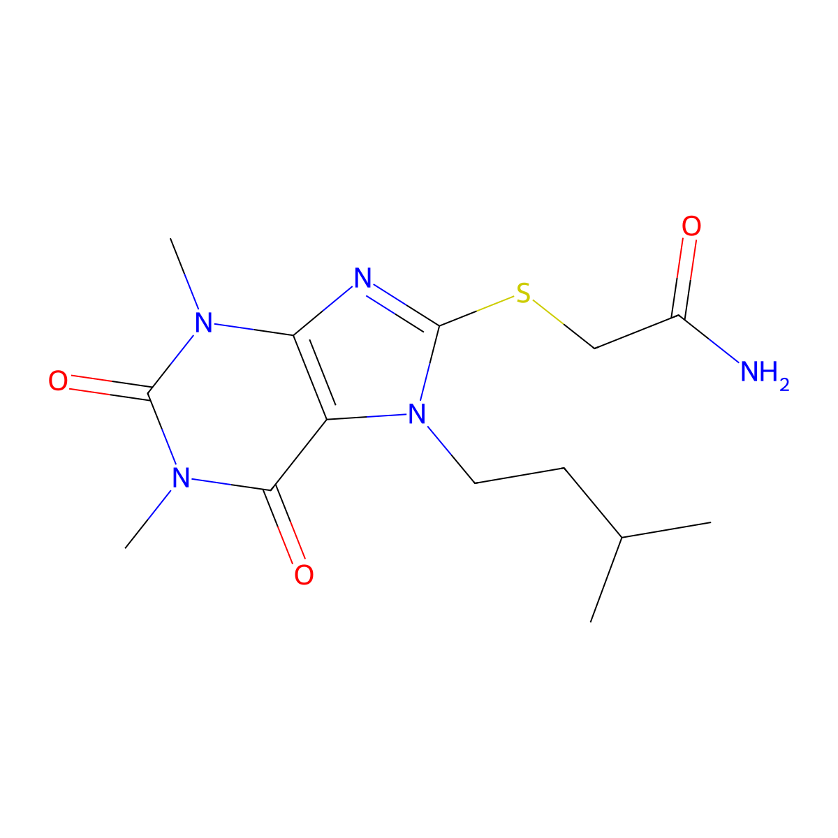 2-((7-isopentyl-1,3-dimethyl-2,6-dioxo-2,3,6,7-tetrahydro-1H-purin-8-yl)thio)acetamide molecular structure, CAS 378202-71-2