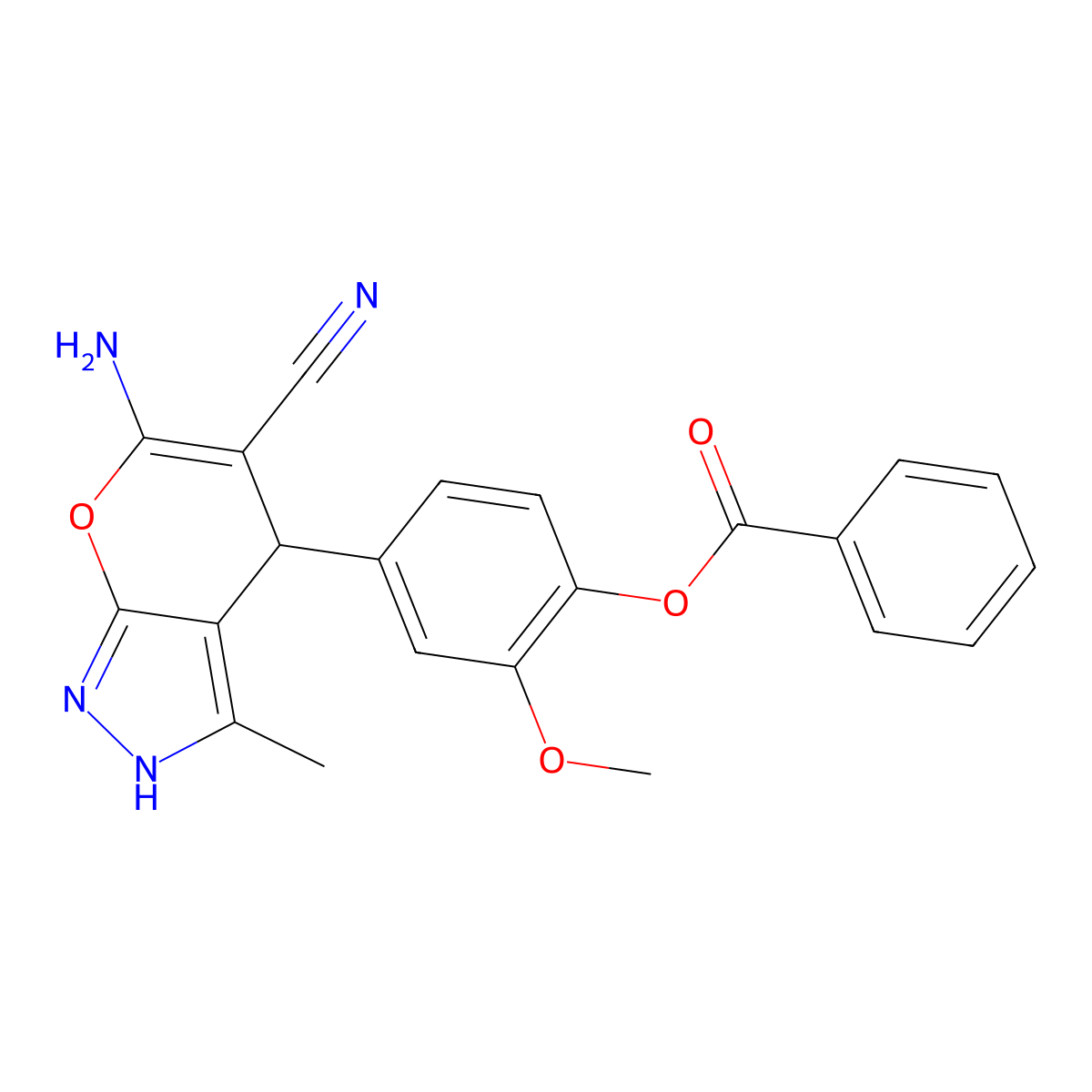 4-(6-Amino-5-cyano-3-methyl-1,4-dihydropyrano[2,3-c]pyrazol-4-yl)-2-methoxyphenyl benzoate molecular structure, CAS 378202-94-9