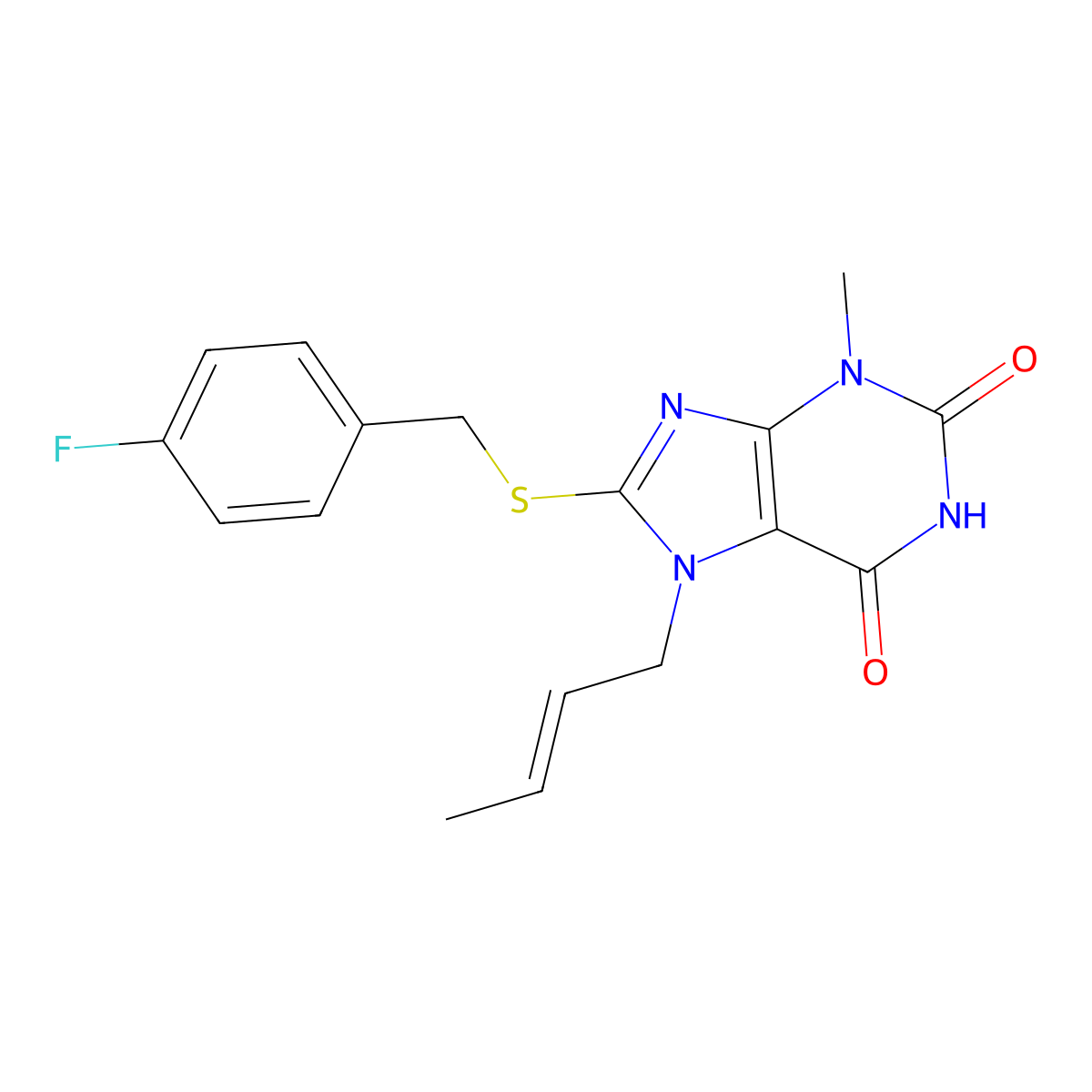 7-But-2-enyl-8-[(4-fluorophenyl)methylsulfanyl]-3-methylpurine-2,6-dione molecular structure, CAS 378203-06-6